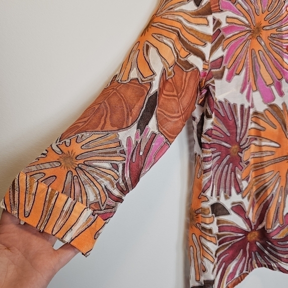 Notations Retro Sheer Lightweight Orange Pink Button-down Summer Top Small - Picture 3 of 9